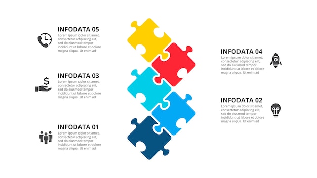 Cinq Pièces De Puzzle Placées Dans Un Modèle De Conception Infographique De Rangée Verticale