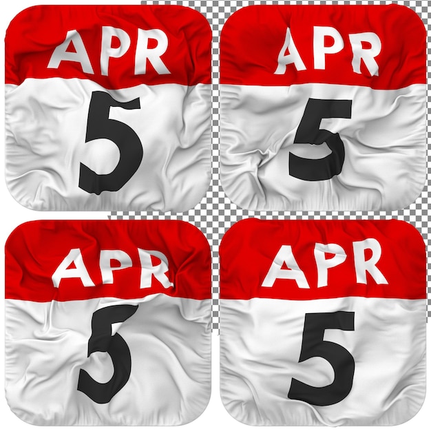 PSD cinquième 5 avril icône de calendrier de date isolée quatre styles de ondulation différents rendu 3d de texture de bosse
