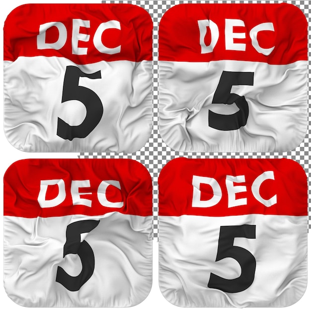 PSD cinquième 5 décembre date calendrier icône isolé quatre style d'ondulation bosse texture rendu 3d