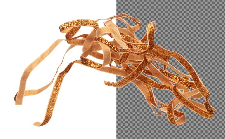 PSD cinta de brillo dorado larga recta volar en el aire con rollo curva brillante cinta de brilo dorado para regalo de regalo fiesta de cumpleaños para envolver decorar y curva larga recta fondo blanco aislado