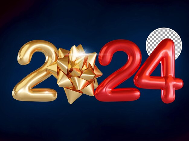 Cinta roja y dorada Año nuevo 2024 Texto de globo Representación 3D Fondo aislado