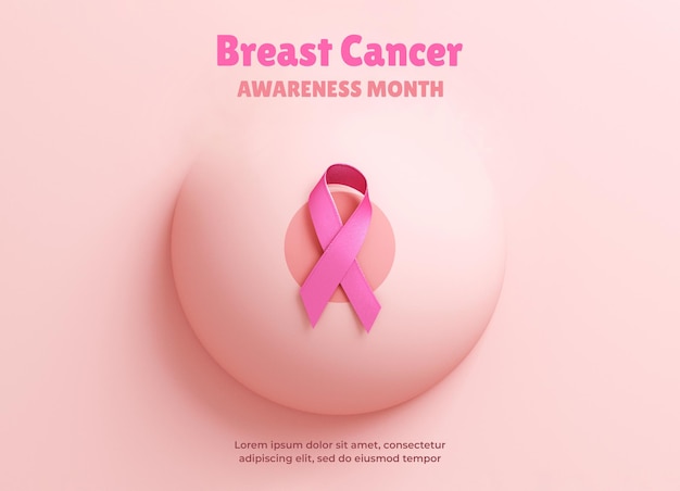 PSD una cinta rosa en un seno con texto para la plantilla de fondo del cartel del mes de concientización sobre el cáncer de mama