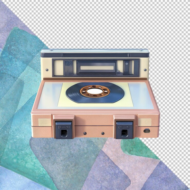 PSD cintas de casete retro con disco de vinilo incrustado nostalgia de audio vintage