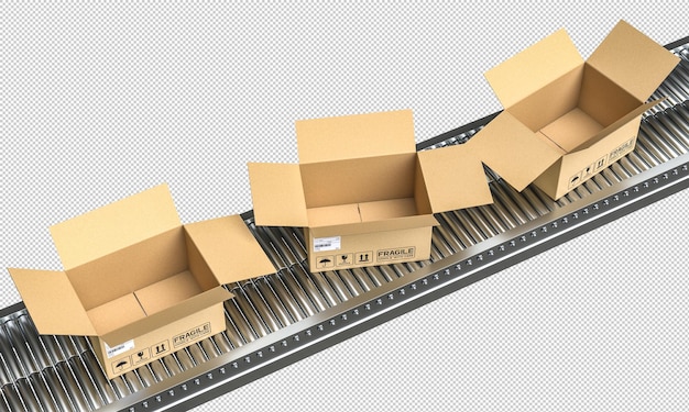 cintas transportadoras con paquetes aislados en fondo blanco de renderizado 3D