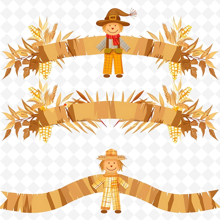 PSD cinturón de cosecha con cáscaras de maíz y espantapájaros en él decoración png natural inspirado frontera plana