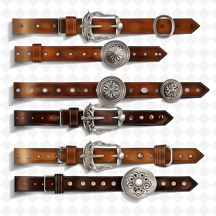 PSD cinturón vintage decorado con hebillas y conchos occidentales en c png inspirado en el borde plano natural