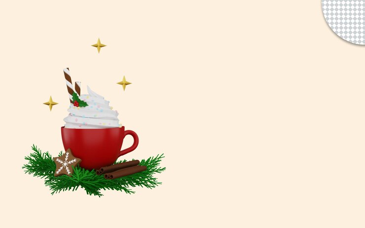 PSD cioccolata calda 3d tazza rossa con biscotti alla crema di cannella e ornamenti natalizi