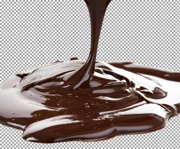 Cioccolato ricco e fuso che scorre su una superficie bianca che dimostra la sua consistenza setosa e l'aspetto lucido