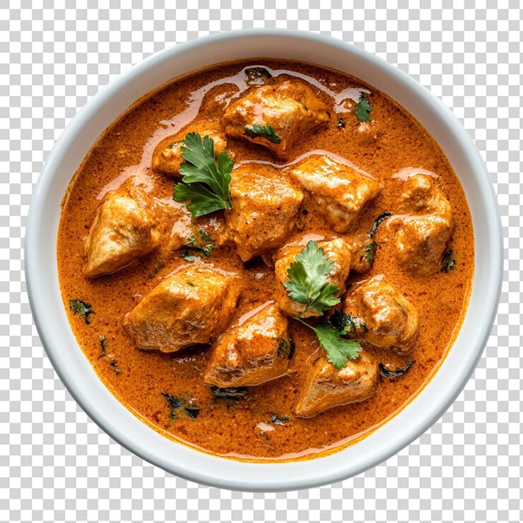 PSD ciotola bianca di burro di pollo curry vista dall'alto isolata su uno sfondo trasparente