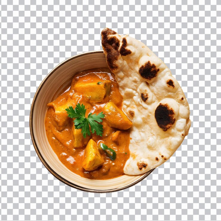PSD ciotola di curry con pane naan su isolato su sfondo trasparente