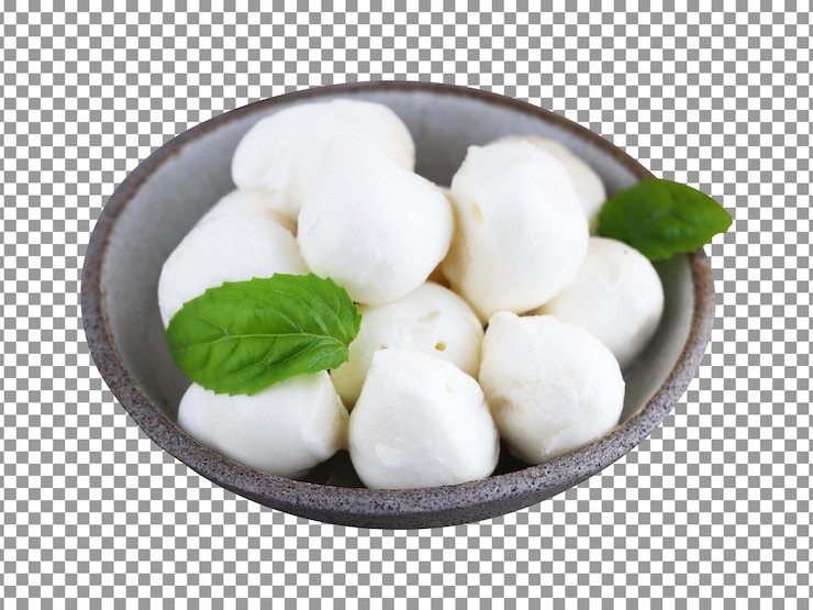 PSD ciotola di mozzarella con una foglia su sfondo trasparente