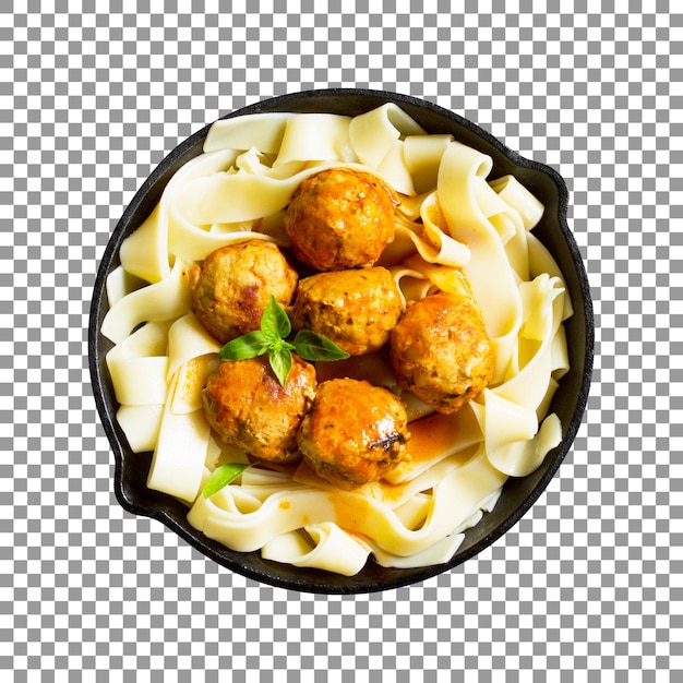 Ciotola di polpette con tagliatelle su sfondo trasparente