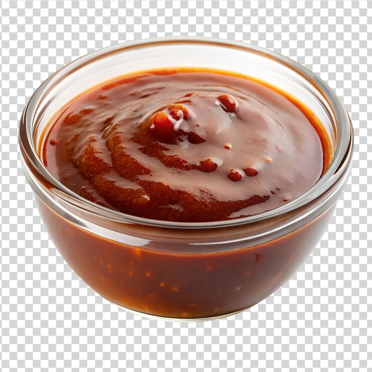 PSD ciotola di vetro di salsa da barbecue isolata su sfondo bianco