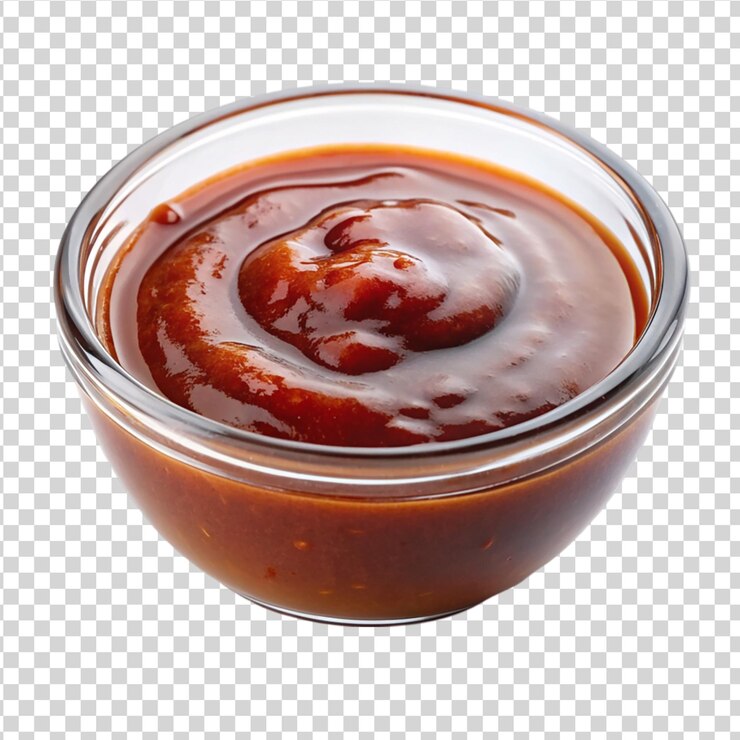 PSD ciotola di vetro di salsa da barbecue isolata su sfondo bianco