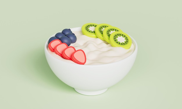 Ciotola di yogurt fresco con kiwi di fragole e mirtilli rendering 3D
