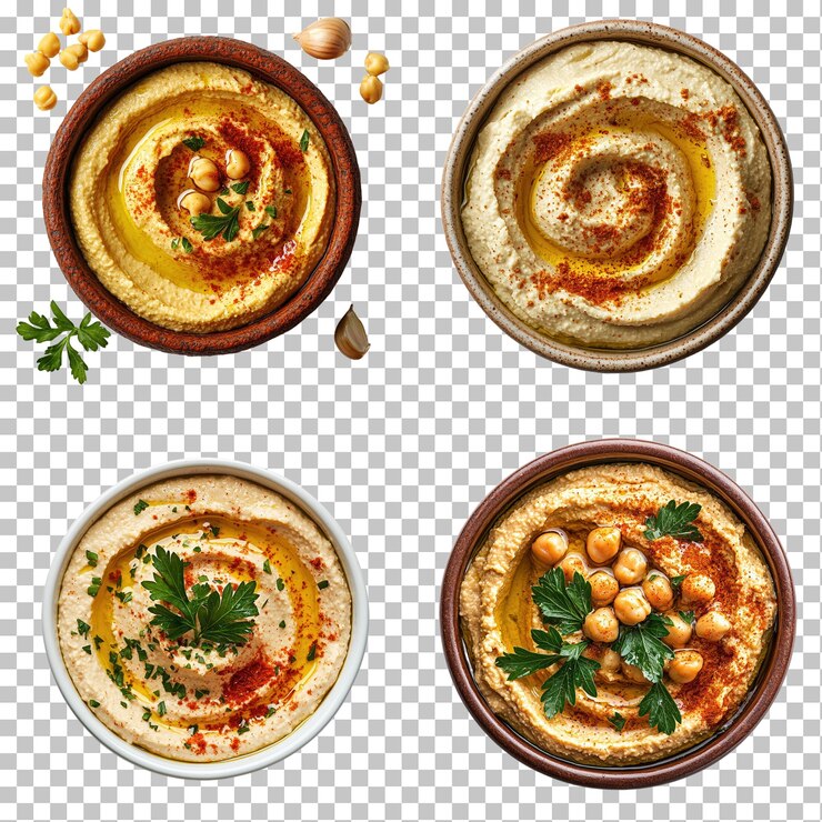 PSD ciotole di hummus cremose con guarnizioni fresche