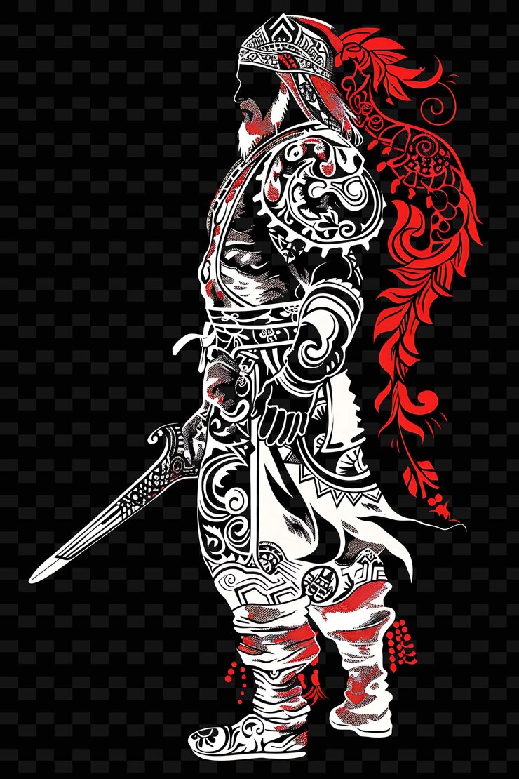 PSD circassian warrior with a shashka standing in a stealthy pos flat illustration character portraits