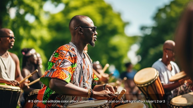 Circolo di tamburi per la Giornata della Libertà del 19 giugno in un parco dove le persone si riuniscono per suonare i tradizionali tamburi africani