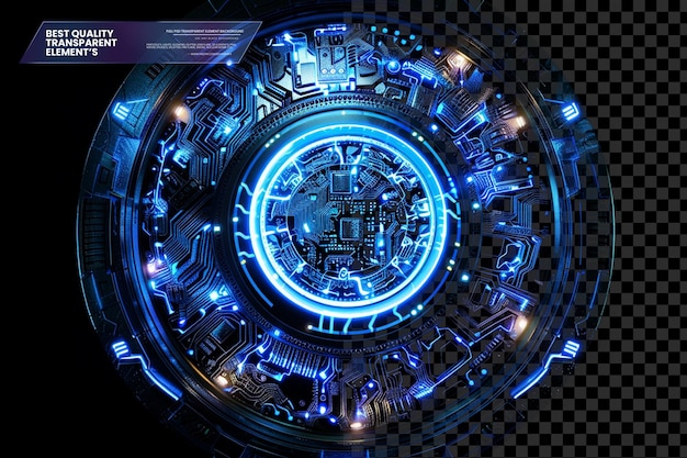 Circolo futuristico luminoso blu con elementi di scheda di circuito su sfondo trasparente