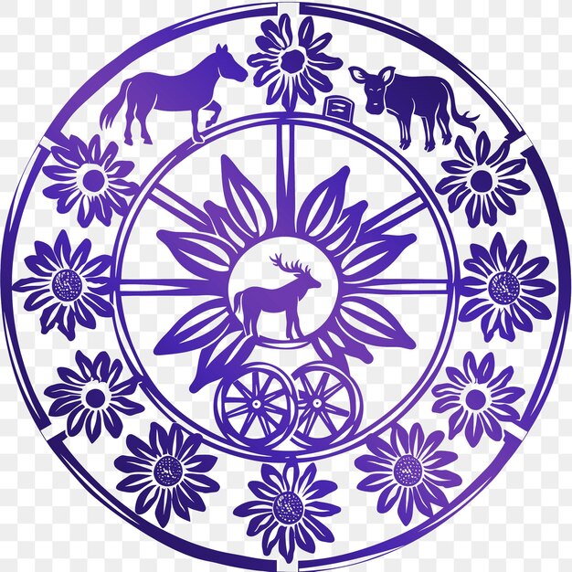 PSD un círculo azul con flores y un reloj con un camello y un burro