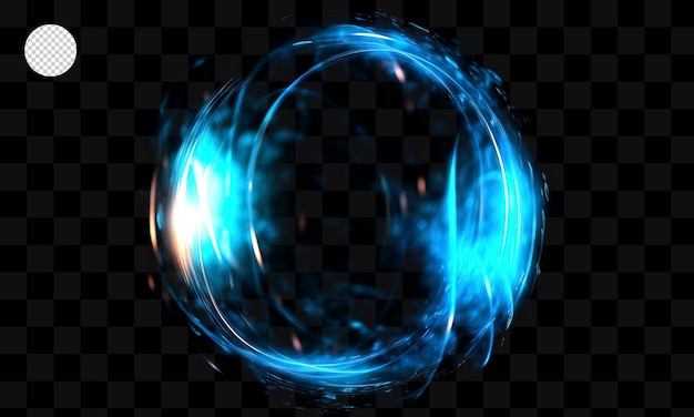 Círculo azul con una luz brillante sobre un fondo transparente.