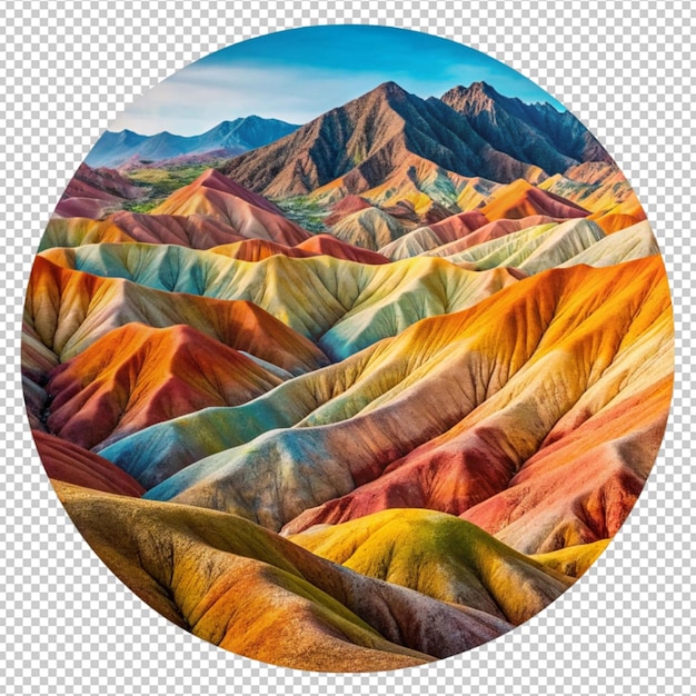 un círculo de colinas de colores con un círculo De colores y un círculo con una imagen de montañas en el fondo