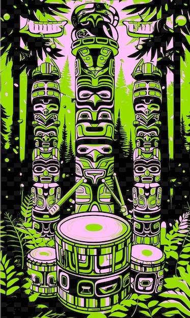 PSD círculo de tambores indígenas se apresentando em uma floresta com desenhos de cartazes de música ilustrados com totem