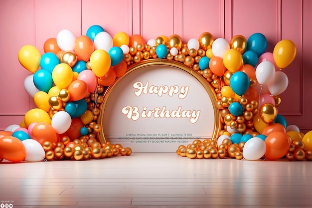 Círculo dorado plano y globos de fondo de cumpleaños
