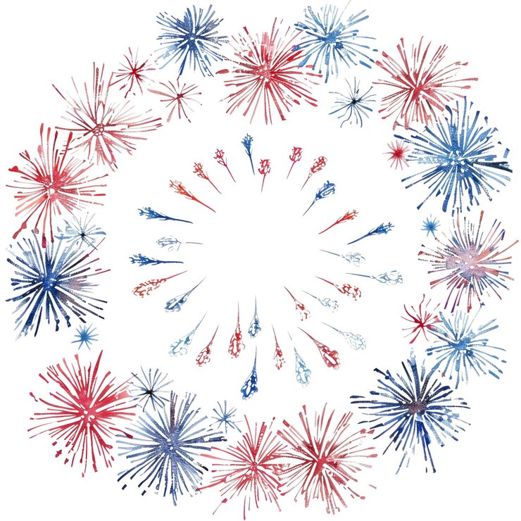 PSD círculo de fuegos artificiales rojos, blancos y azules en el fondo imagen en acuarela aig56