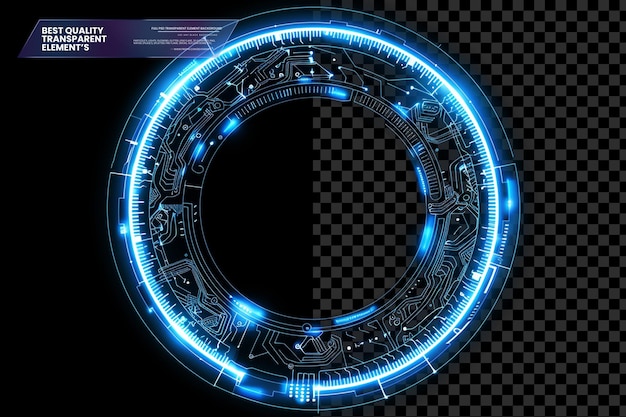 Círculo futurista brilhante azul com elementos de placa de circuito em fundo transparente