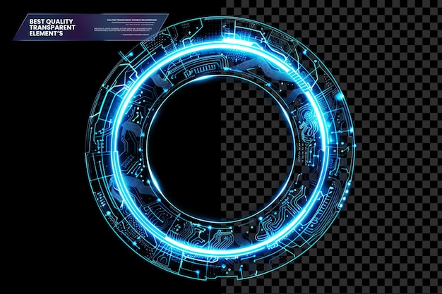 Círculo futurista brilhante azul com elementos de placa de circuito em fundo transparente