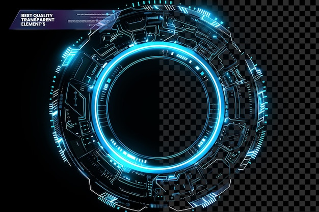 Círculo futurista brilhante azul com elementos de placa de circuito em fundo transparente