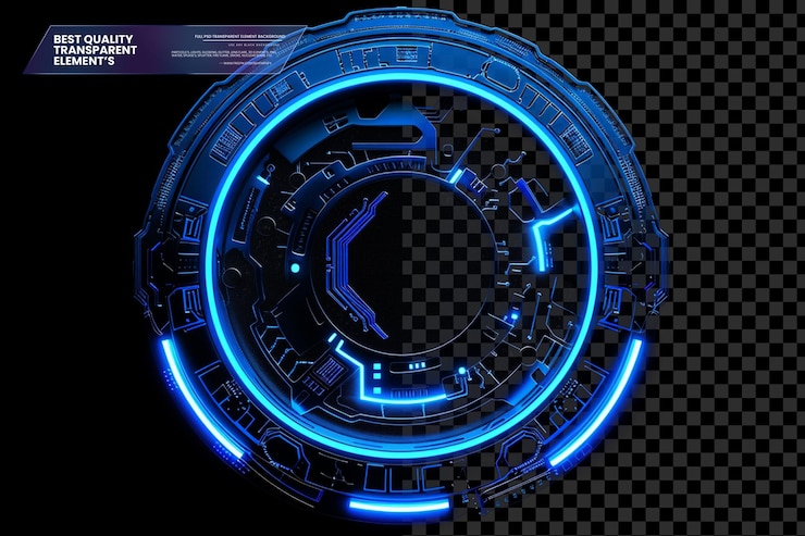 PSD círculo futurista brillante azul con elementos de placa de circuitos en un fondo transparente