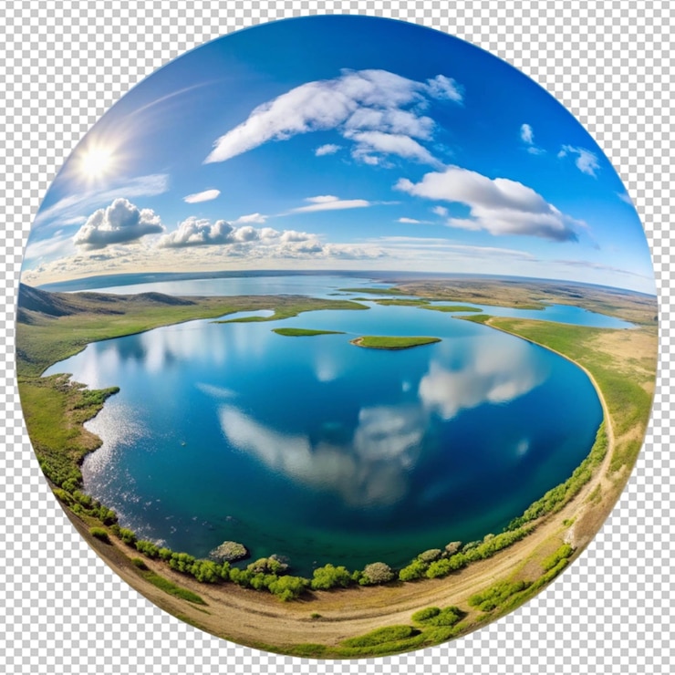 PSD un círculo con una imagen de un lago y nubes