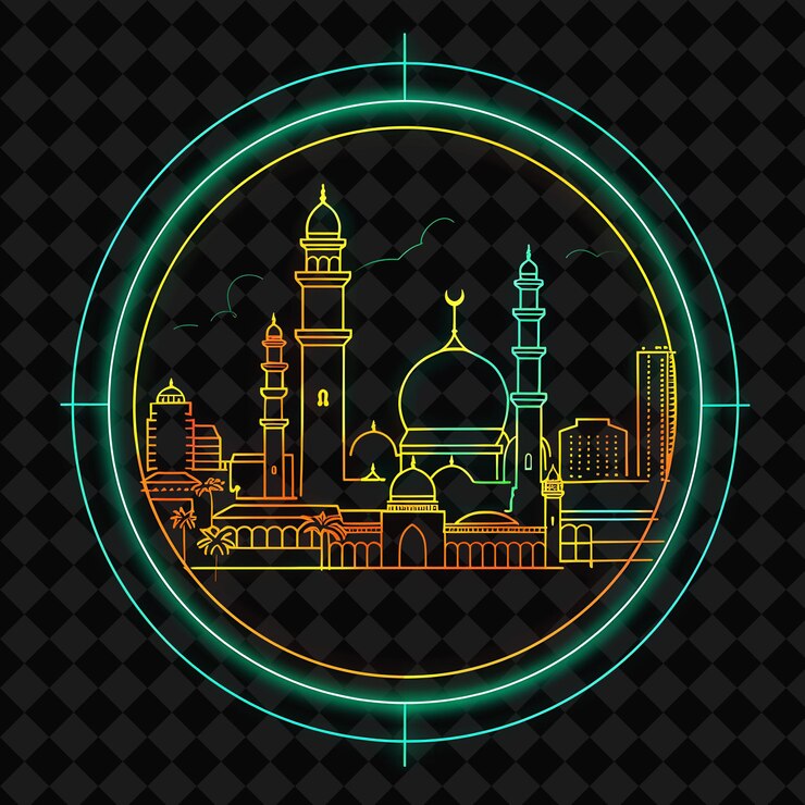 PSD un círculo con una imagen de una mezquita y una mezquita en un fondo negro