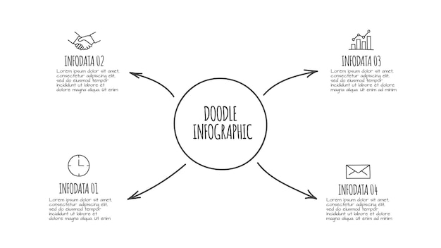 PSD círculo infográfico doodle com 4 opções ícones desenhados à mão ilustração de linha fina