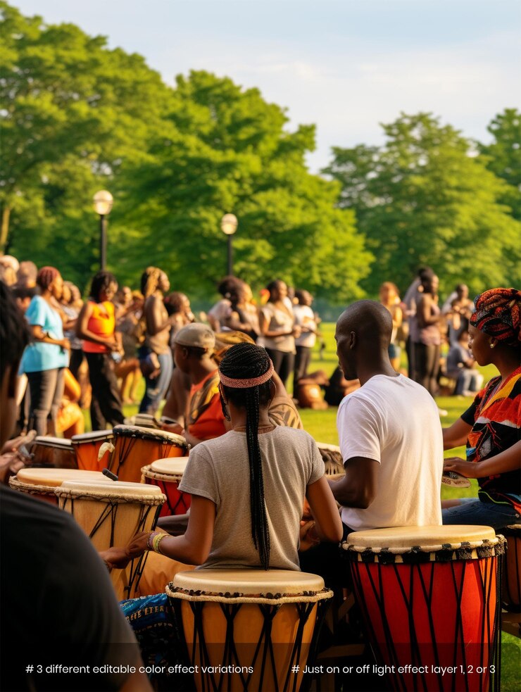 PSD círculo de tambores del décimo primer día de la libertad en un parque donde la gente se reúne para tocar tambores tradicionales africanos