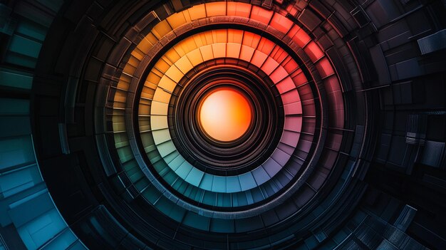 Círculos concéntricos abstractos con gradientes de colores vibrantes que crean un diseño tecnológico futurista
