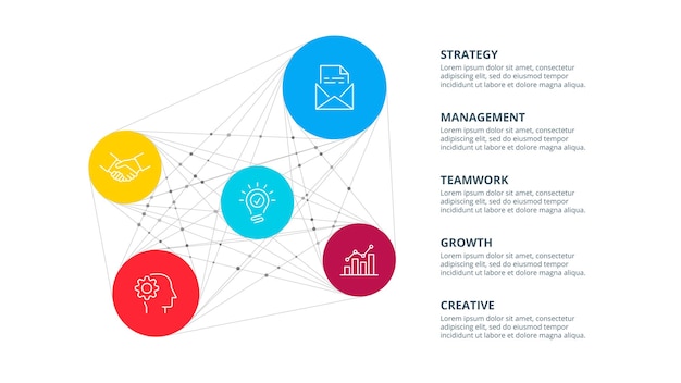 PSD círculos conectados con líneas finas. infografía con 5 opciones.