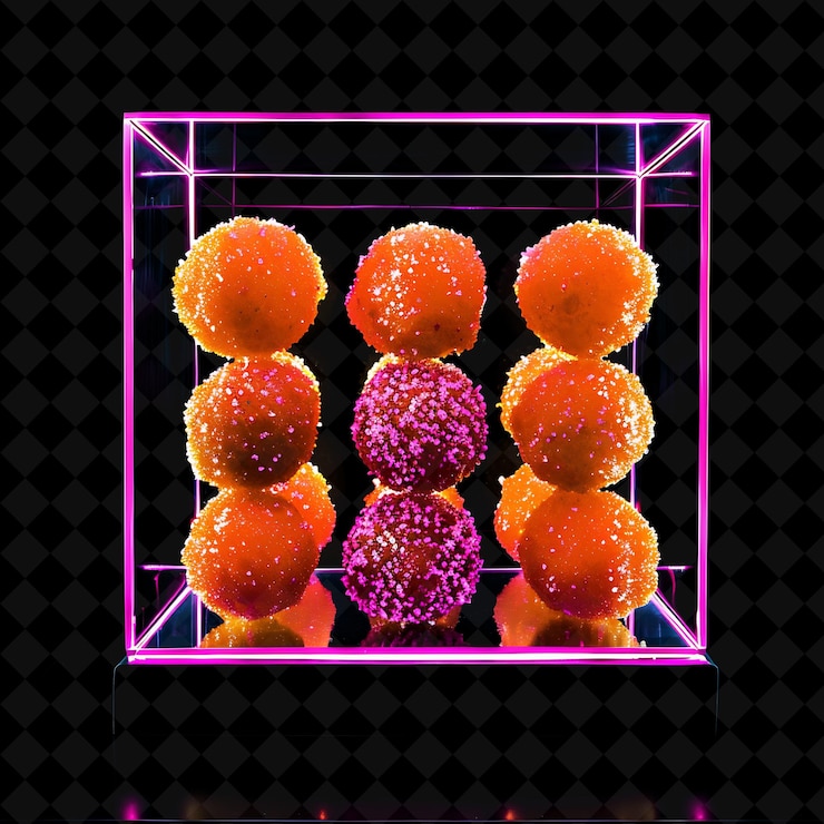 PSD círculos de neón brillantes bolas de patata dulce fritas koeksister en png decoración de alimentos de neón colección y2k
