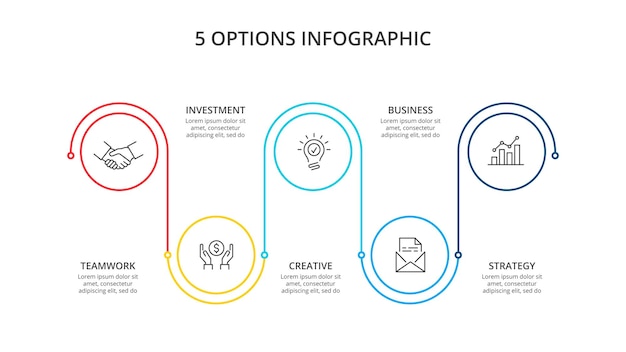 PSD círculos planos de linha fina para infográfico modelo para diagrama com 5 opções de peças ou processos