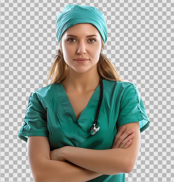 Cirujana con uniforme verde en un fondo transparente aislado