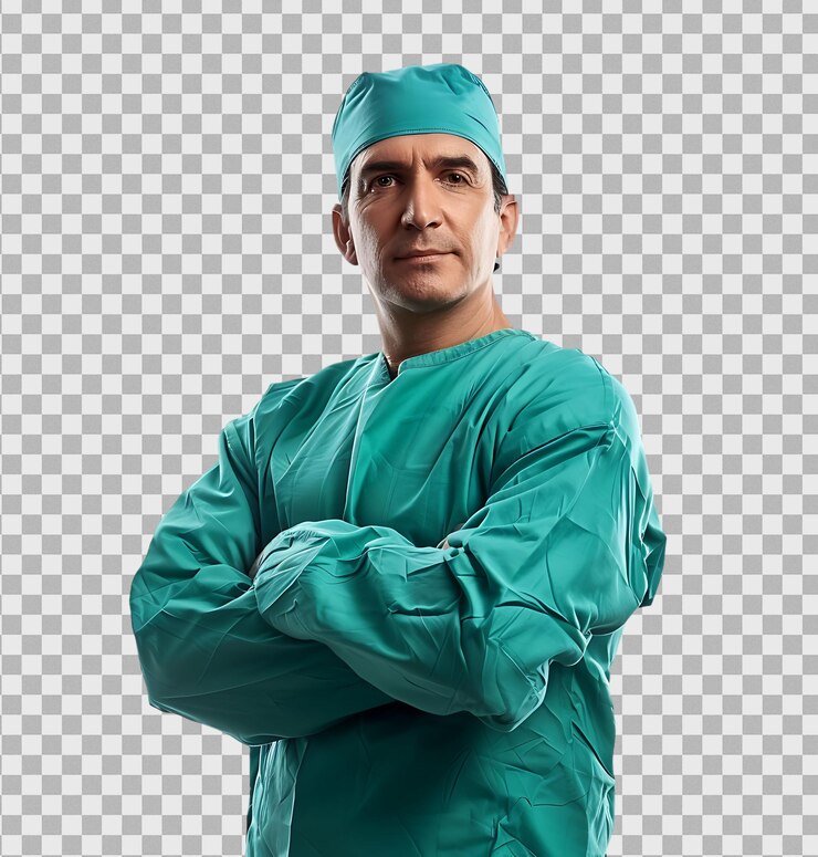 PSD cirujano masculino en uniforme verde en un fondo transparente aislado