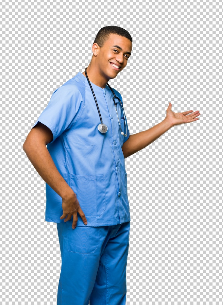 PSD cirurgião médico homem apontando para trás e apresentando um produto