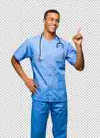 PSD cirurgião médico homem mostrando e levantando um dedo em sinal dos melhores