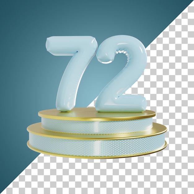 Číslo 72 azurové lesklé číslo s pódiem 3D ilustrace