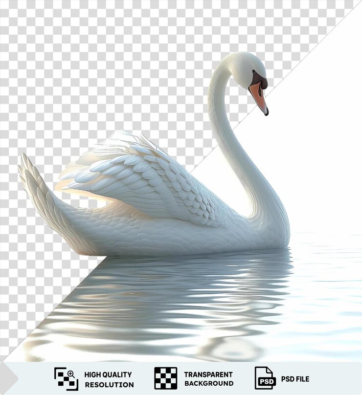 PSD cisne animado transparente en 3d deslizándose con gracia en el agua con un fondo aislado que muestra su largo cuello y pico naranja mientras que su cola blanca y su reflejo añaden profundidad a la escena