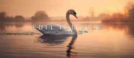 PSD cisne flutuando na água ao nascer do sol