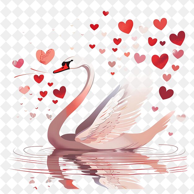 un cisne con un pico rosa está volando sobre un fondo en forma de corazón