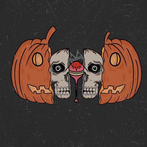 Une citrouille d'Halloween avec un crâne et des bonbons.